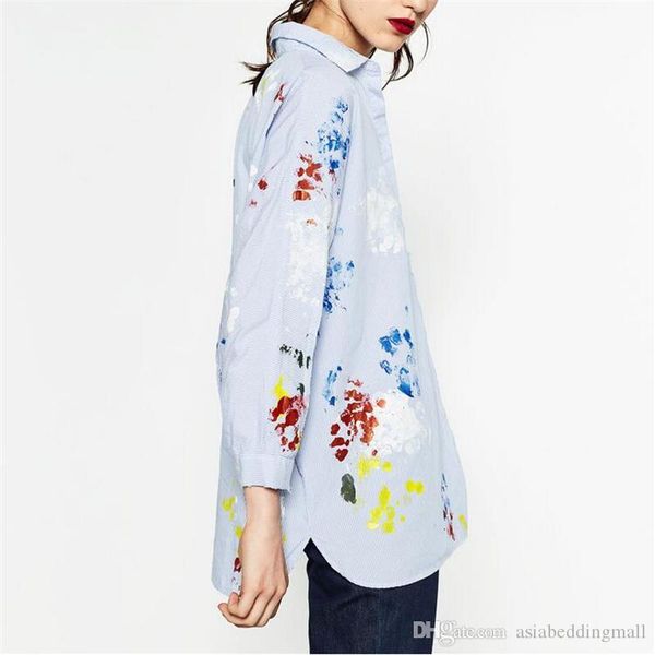 

autumn fashion women blouses graffiti printing stripe turn-down collar long sleeve shirt women blusas, White