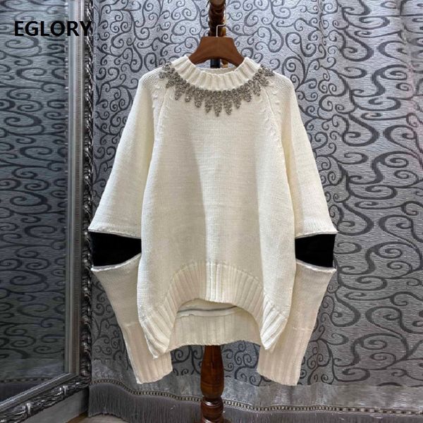 

2019 autumn winter fashion sweaters women crystal beading long sleeve asymmetrical casual loose sweaters ladies wool pullovers, White;black