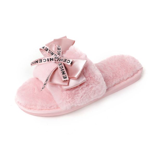 

cootelili women plush home slippers with faux fur warm shoes woman slip on flats cute bowtie female slides plus size 41, Black