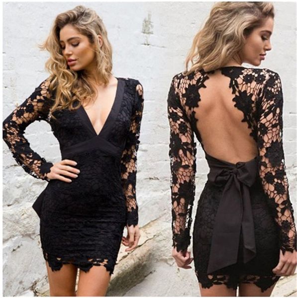 

выдалбливают кружева женщины платья luxury club sexy тонкий backless лук с длинными рукавами темно-v шеи bodycon платья женская мода вечерни, White;black