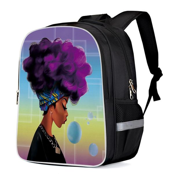 

african women purple hair backpacks school bag child book bag sports bags bottle side pockets school student silver edge