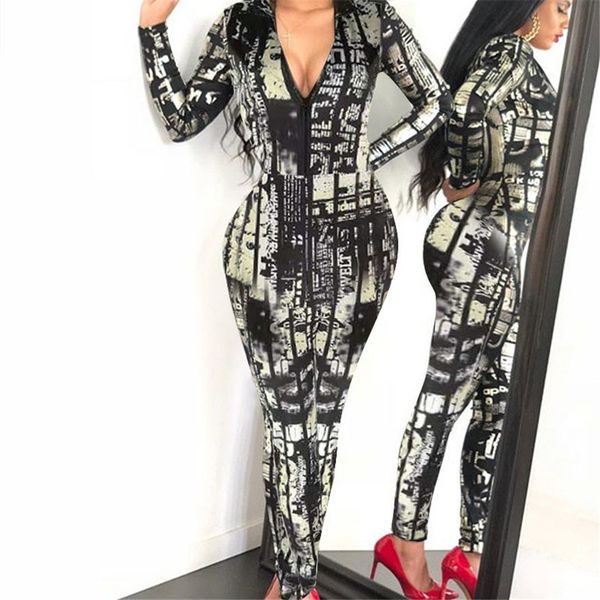 

новые женщины туго комбинезоны цепи цифровой печати с длинным рукавом комбинезон молния тела костюм цепи цифровой печати с длинными рукавами, Black;white