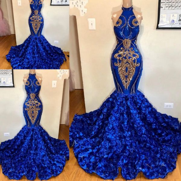 Königsblaue Meerjungfrau-Abschlussballkleider mit goldenen Applikationen, sexy, ärmellose Abendkleider mit 3D-Blumen, Sweep-Zug, formelles Cocktail-Partykleid