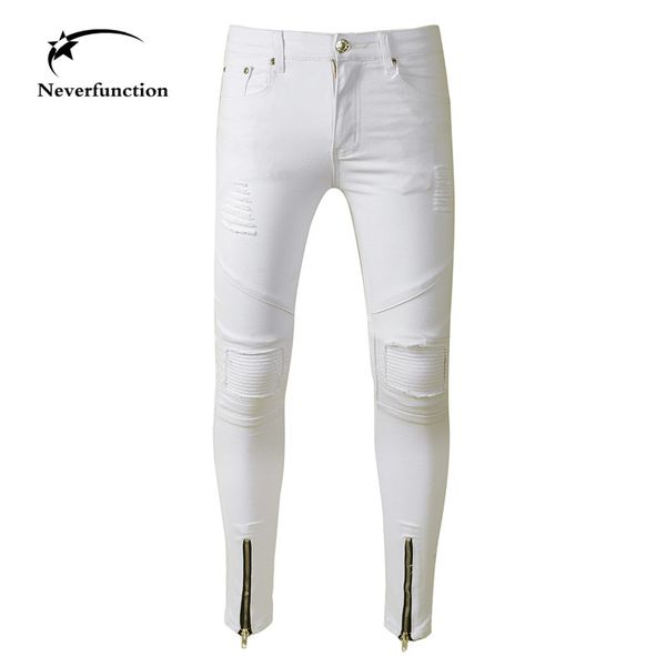 

men stretch denim jeans broken holes skinny slim ripped biker pants new fashion white zipper hem jeans trousers, Blue