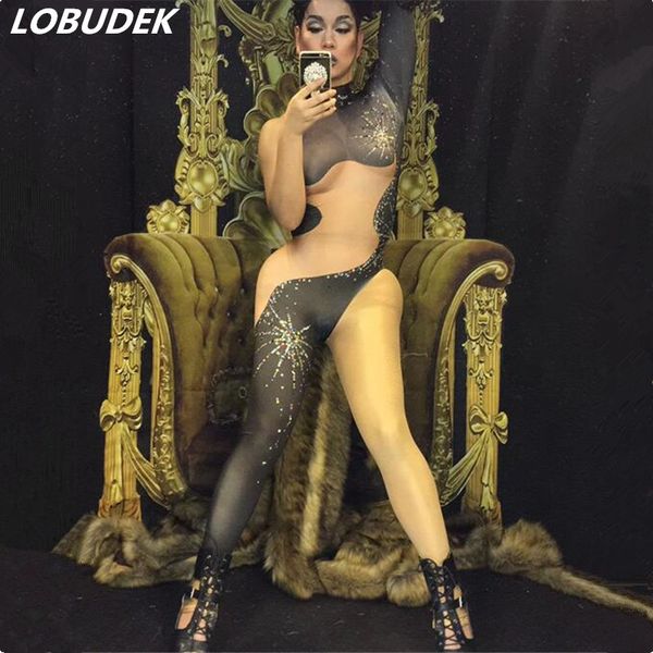 

nightclub singer pole dance leotard jumpsuit dj female ds costumes shining stones rompers bodysuit bar party performance, Black;white