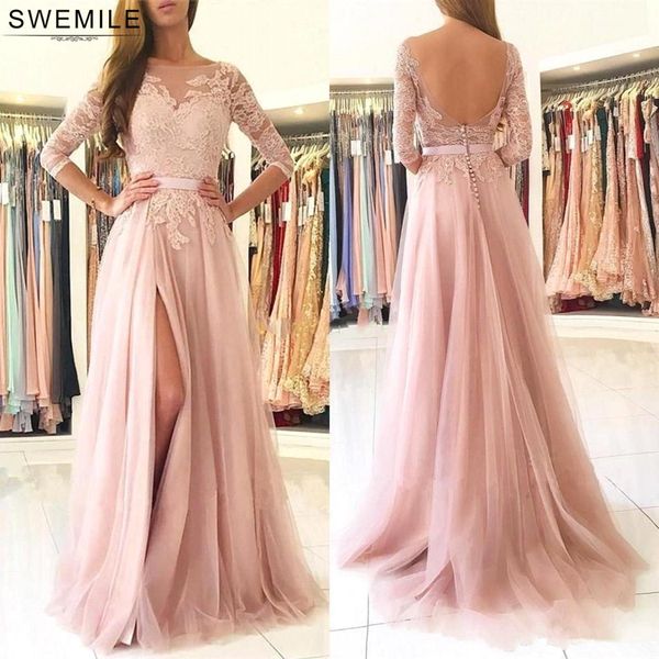 

swemile chic pink lace long evening dress open back 3/4 sleeve evening gowns with side slit abendkleider vestido de festa, White;black