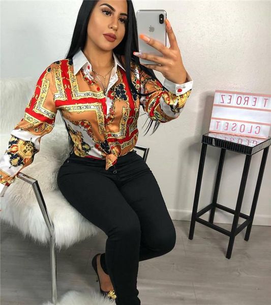 

womens summer shirts lapel neck long sleeve blouses floral print night club casual apparel, White