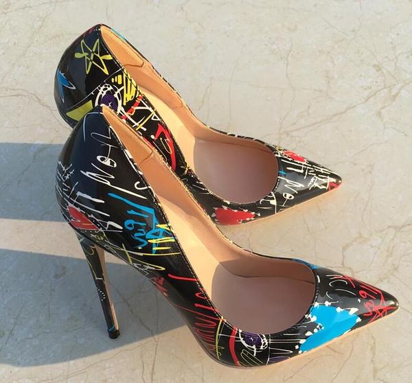 

2019 free shipping fashion women sexy girls new PRINT Patent Leather Poined Toes high HEELED heels shoes Stiletto Heel shoes pumps 12cm 10cm