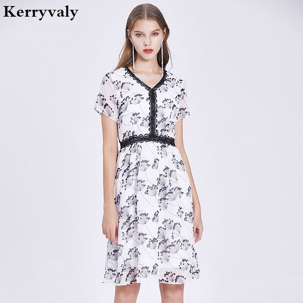 

casual dresses style white printed chiffon summer dress women short sleeve floral midi a- line party beach ropa mujer k6604, Black;gray