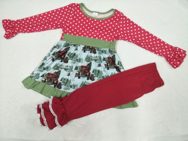 

christmas baby girl winter design long trumpet sleeve christmas tree truck lace ruffle pants clothes kids boutique clothes set, White