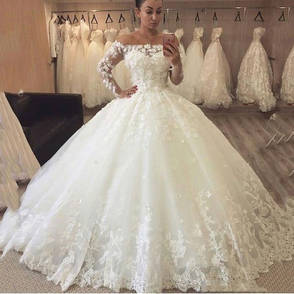 

vintage long sleeves ball gown lace wedding dresses 2019 with appliques jewel neck sweep train tulle wedding bridal gowns, White
