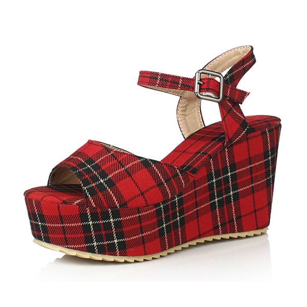 

dilalula sweet plaid ladies summer sandals plus size 33-45 platform high wedges summer party dating shoes woman, Black