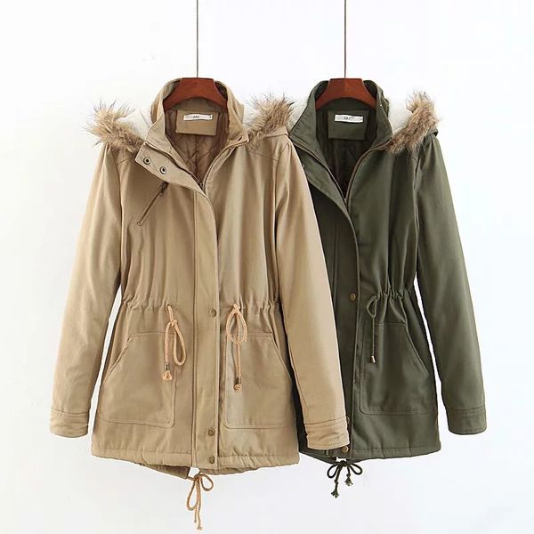 

women winter faux collar jacket sherpa hooded green womens coat 2020 new fashion drawstring warm cotton casual parka, Black