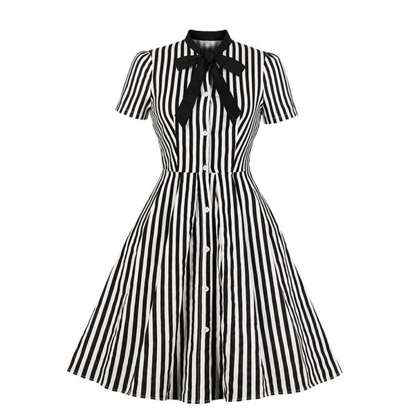 

rosetic vintage stripe midi dress women summer 50s bow collar elegant office casual stylish goth ladies retro rockabilly dresses, Black;gray
