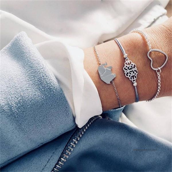 

3 pcs/set bohemian retro hollow elephant heart flower silver chain bracelet set women charm jewelry accessories, Golden;silver