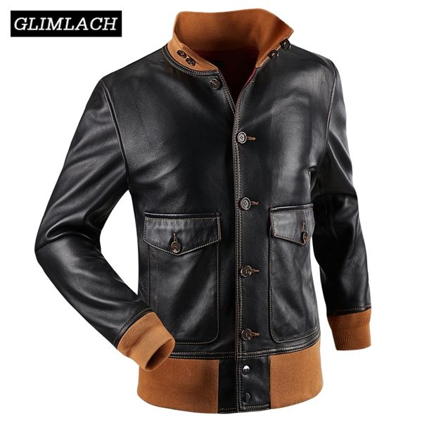 

new men casual genuine leather coat luxury real leather flight jacket slim black high neck sheep jacket aviation