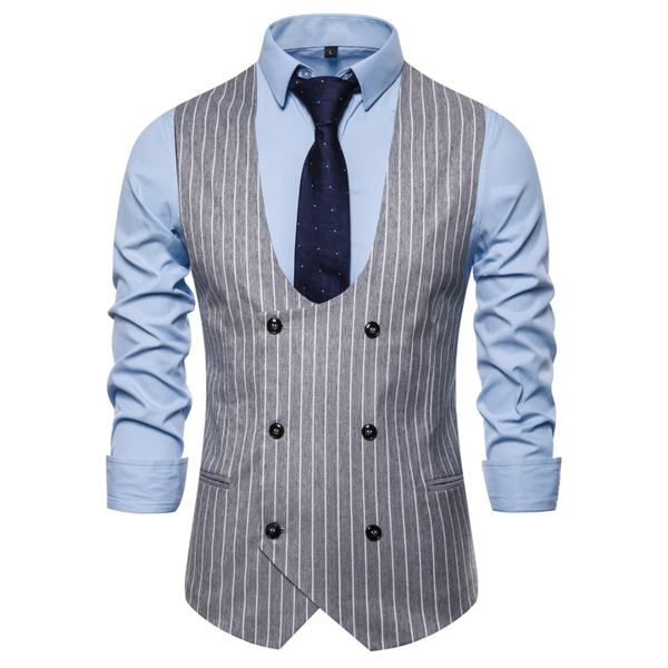 

brand england style suit vest 2019 fashion u-neck double breasted waistcoat slim fit striped gilet wedding chalecos para hombre, Black;white