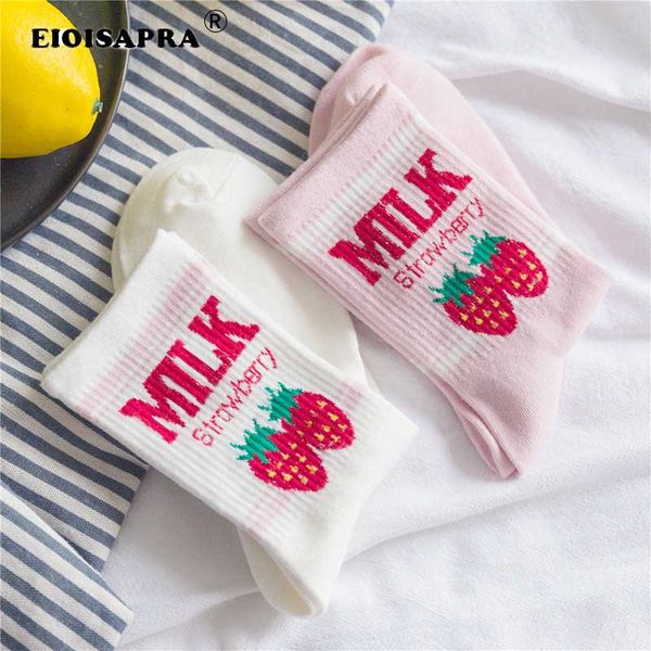 

eioisapra]kawaii jacquard fruit strawberry milk pinky/white women socks japanese harajuku funny socks calcetines mujer, Black;white