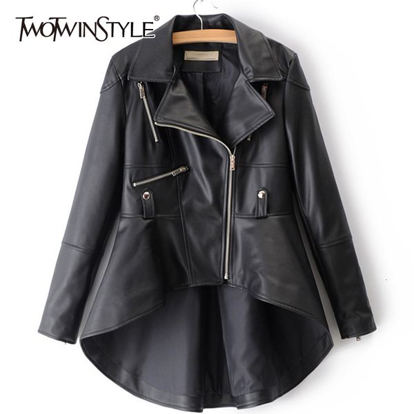 

twotwinstyle 2019 spring woman solid color long sleeve turn-down collar zippers irregular hem loose pu coat jacket fashion new, Black;brown