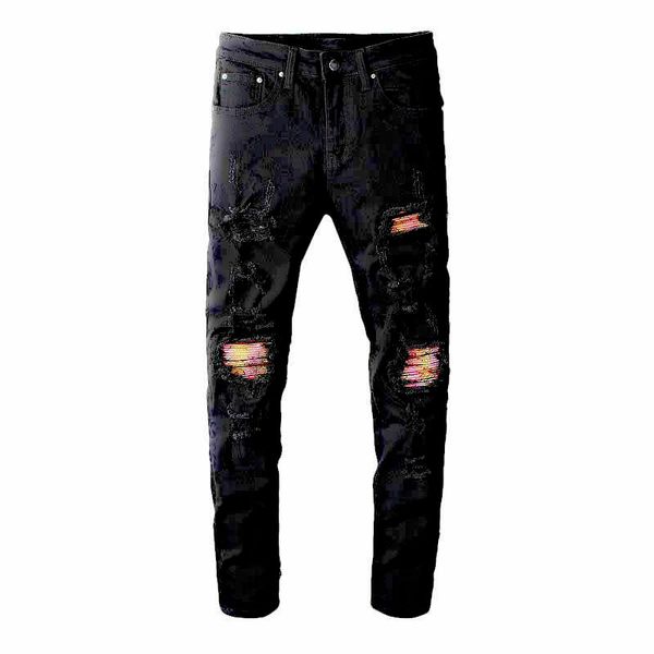 

luxury designer mens tattered jeans rainbow print rib arn35 patch skinny wash black leggings slim pants new fashion, Blue