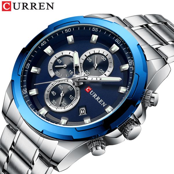 

curren 2019 new brand chronograph man watch fashion sport watches luxury stainless steel watches waterproof male wristwatch time, Slivery;brown