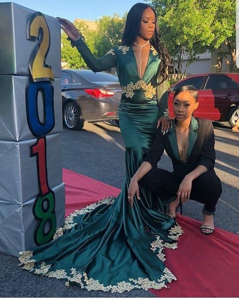 

2019 dark green mermaid prom dresses long sleeve open back gold applique evening gowns formal black girls 42
