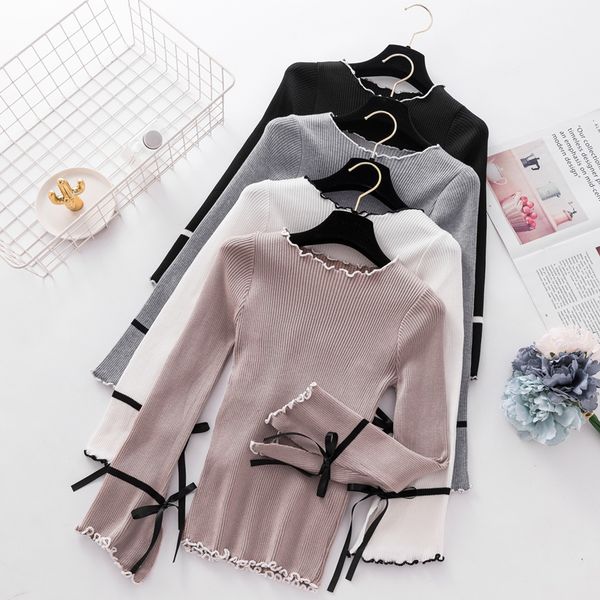 

bow sweater women clothes 2019 long sleeve womens winter fashion ruffled collar woman sweater pullovers korean sueter zy4471, White;black