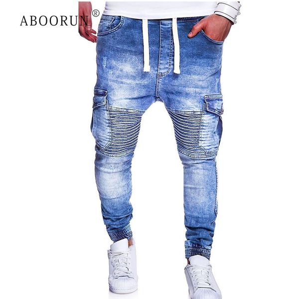 

aboorun denim biker jeans mens skinny runway distressed slim elastic jeans hip hop washed skateboard trouers streetwear r1434, Blue