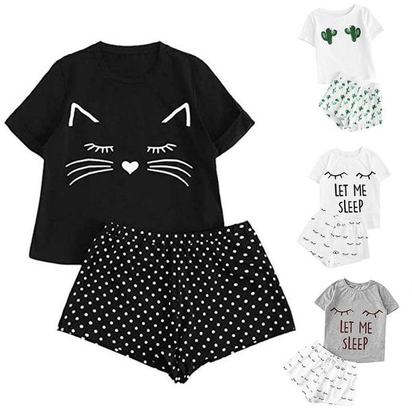 

sleepwear nightwear set women letter pajamas set cute cat pritning short sleeve t-shirt shorts womens pajamas pyjama femme, Black;blue