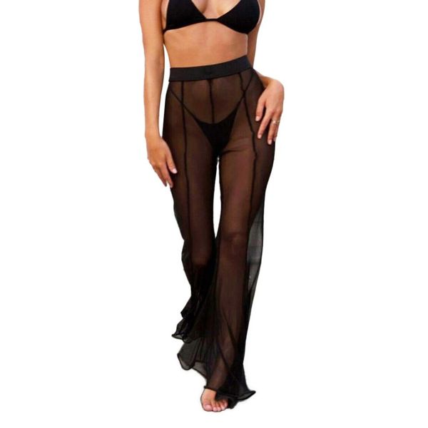 

charming women mesh long pant summer beach sheer high waist pants bikini cover up see-through flared trousers 2019 new, Black;pink