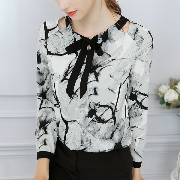 

spring and summer new long sleeve shirt women's ink painting printed circle neck suit chiffon shirt butterfly tie slimming casual shirt, White