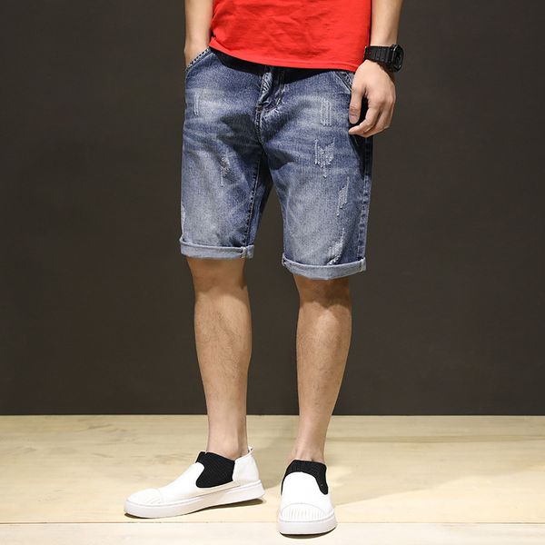 

with holes jeans men korean-style loose and plus-sized social beggar trend five 5 pants shorts breeches short 228, Blue