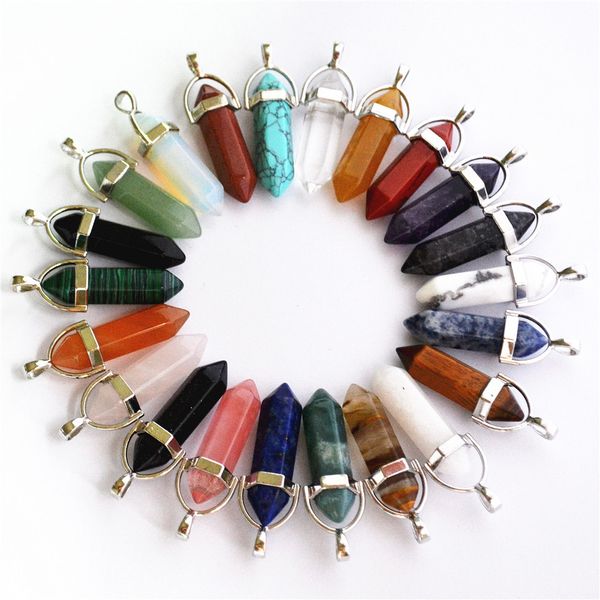

crystal charms hexagonal column natural stone necklace six prismatic pendant obsidian accessories wholesale, Bronze;silver
