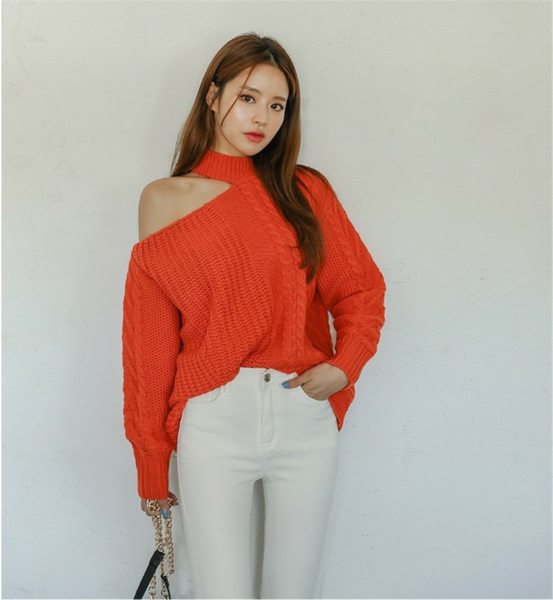 

autumn winter long sleeve pullover sweater women collarbone halter sweater loose twist strapless knitted clothes 2019, White;black
