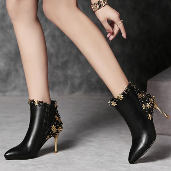 

autumn and winter pointed stiletto high-heeled fashion flowers high-heeled ankle boots beige women's boots, Black