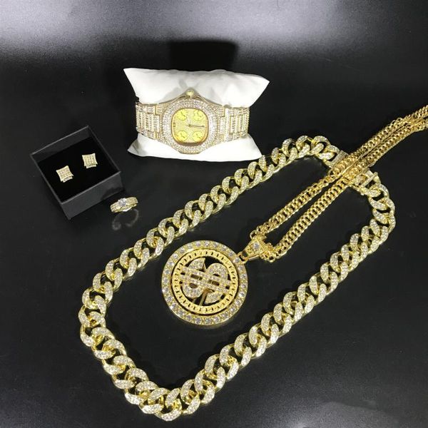 

men gold watch hip hop nen watch & necklace & pendent ring earrings combo set out cuban jewerly set for men, Silver