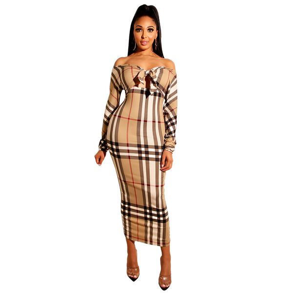 

Sexy Plaid Print Slash Neck Knot Bodycon Dresses Fashion Designer Casual Hollow Mini Skirt Night Party Clothing