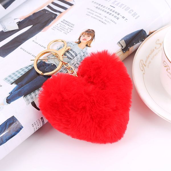 

new trendy heart ball pom pom keychain fluffy faux rabbit fur pompom key chains women bag charms trinket accessories keyring llavero, Silver