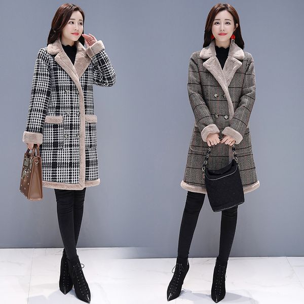 

real sladies coat female long section new korean version of the thickening plus velvet tartan woolen, Black;brown