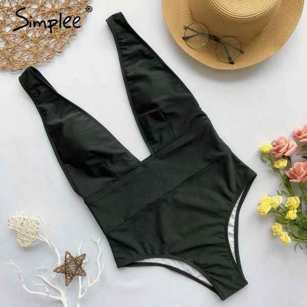 

simplee red one piece women bodysuit push up v neck bathing suit swimwear overall summer sleeveless female solid playsuit, Black;white