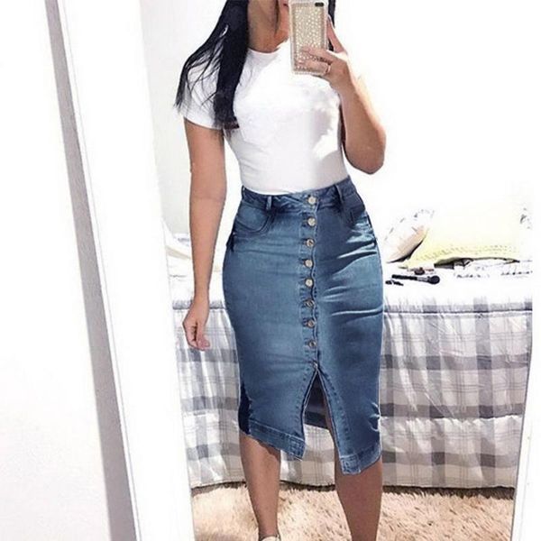 

monerffi midi denim skirt plus size women denim skirt womens women pencil with buttons high waist knee length split, Black