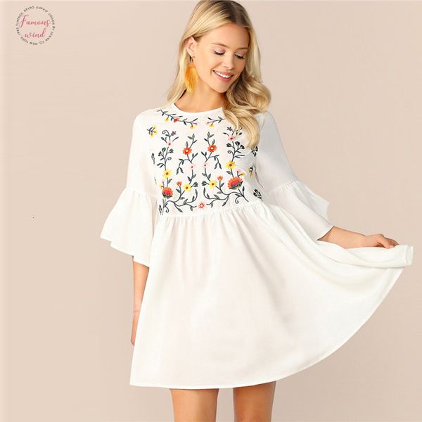 

embroidered floral flounce bohemian dresses sleeve smock dress boho a line women flared dresses white high waist summer dresses, Black;gray