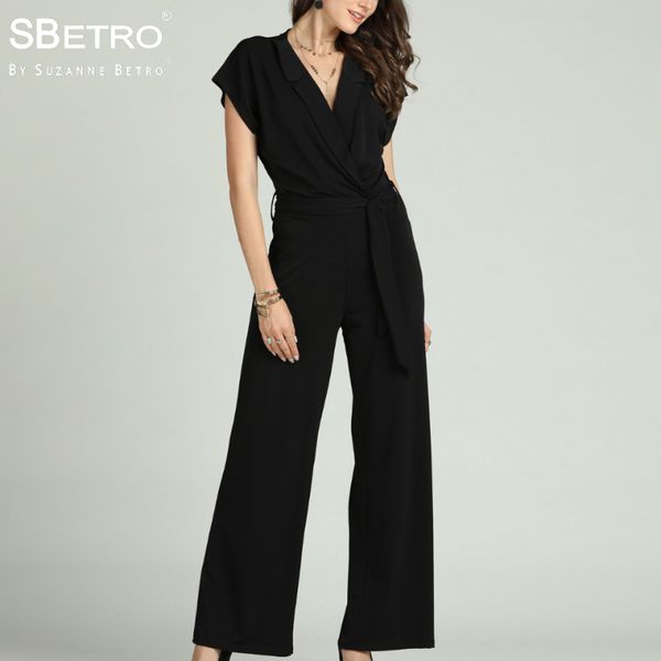 

sbetro by suzanne betro office lady jumpsuits crepe lapel collar surplus tie waist cap sleeve 3xl women party wide leg jumpsuit, Black;white