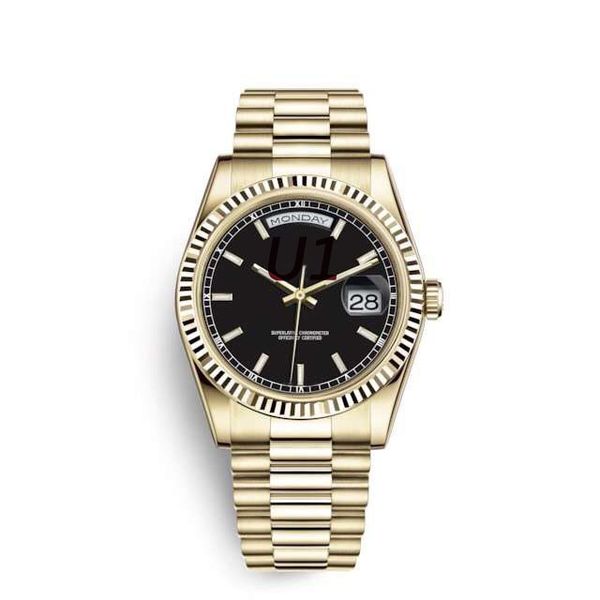 

day and date index hour markers mens wristwatches automatic mechanical sapphire 41mm luminous black dial watches yellow gold men watch, Slivery;brown