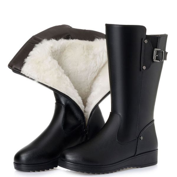 

natural wool fur warm snow boots women winter flats mid calf boots genuine leather waterproof boots black