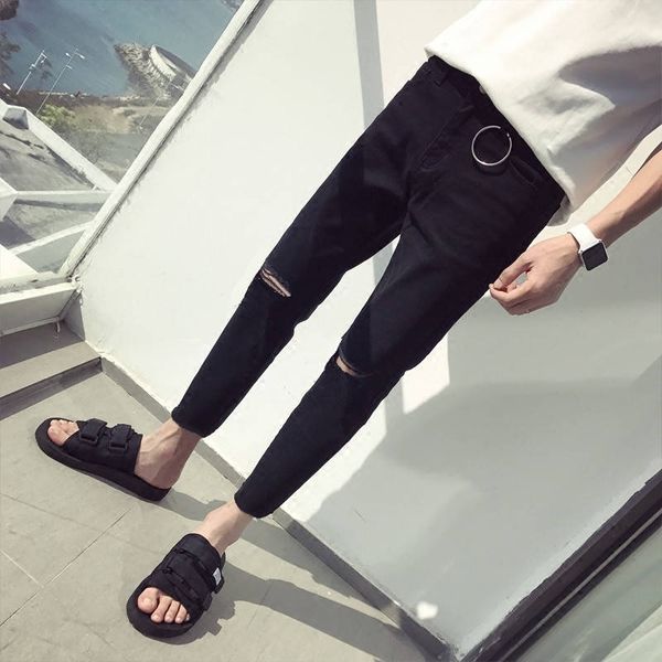 

korean boys'fashion jeans men's slim, small feet, nine hundreds of fall and winter men's trousers black hole jeans, Blue