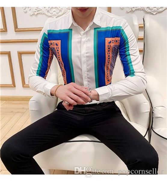 

summer mens designer shirts fashion geometric printed shirts casual turn-down collar luxury shirts, White;black