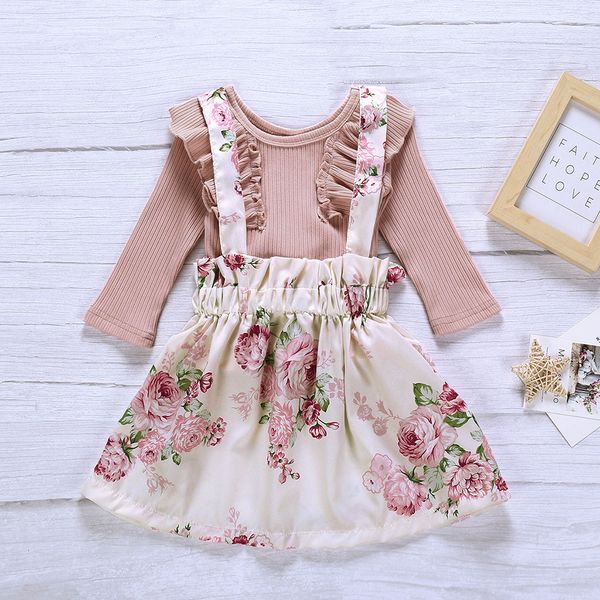 

autumn floral strap dress set toddler baby girls long sleeve solid +suspender outfits new children's clothing a1, White