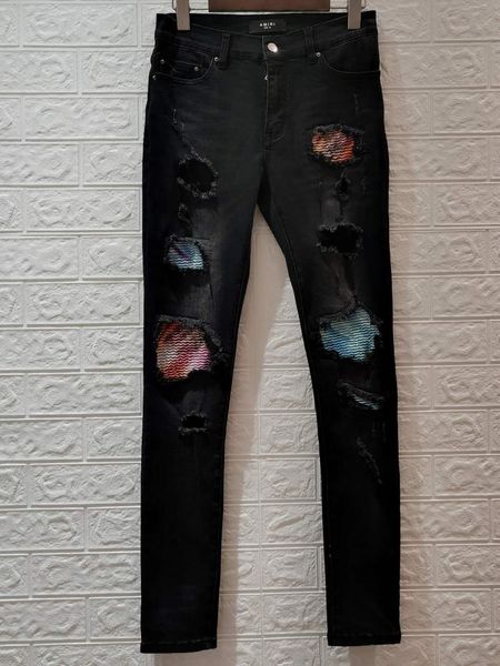 

new arrival mens designer jeans ripped color patch vintage style hole fashion mens jeans slim motorcycle biker causal mens hip hop pants, Blue