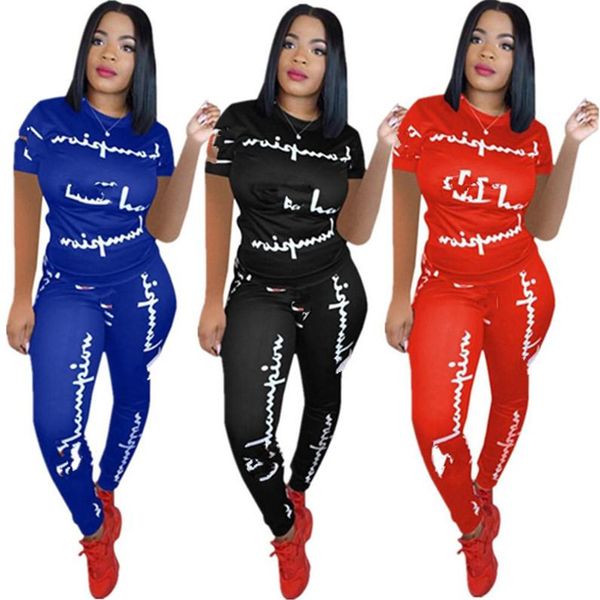 

women champions letter tracksuit short sleeve t shirt + pants leggings 2 piece set summer designer t-shirt outfits sport suit clothes, White